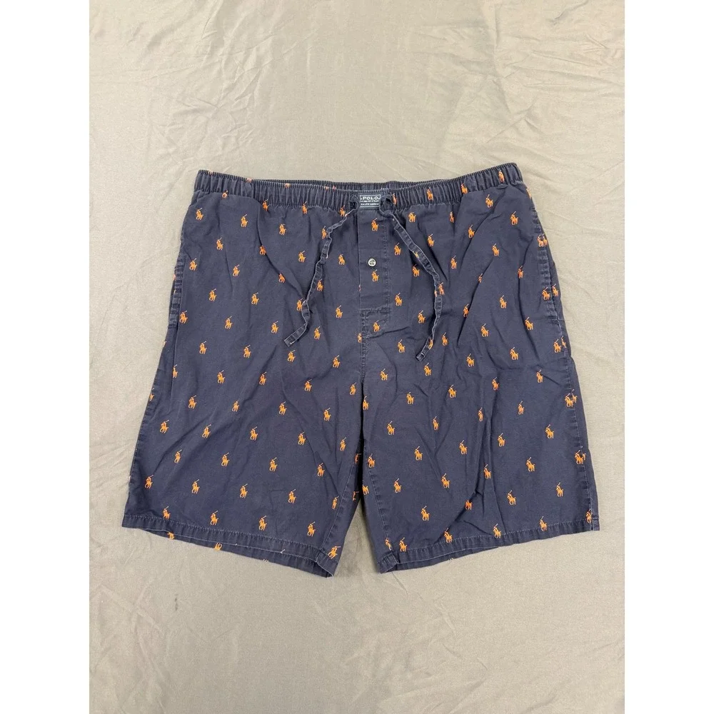 Polo Ralph‎ Lauren Mens Navy Blue Orange Pony Logo Cotton Sleep Shorts Small S